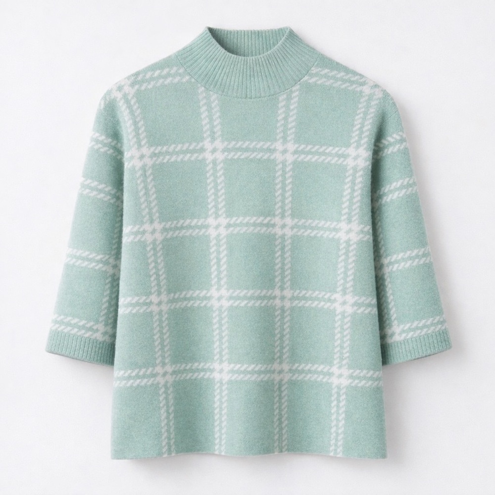 Love Scarlett Luxe mint green Plaid Mock Neck Sweater medium Windowpane Pullover